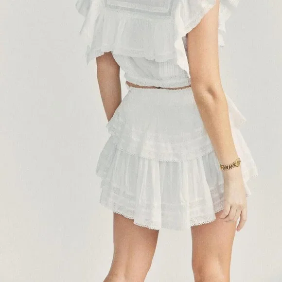 Loveshackfancy Ruffle Mini Skirt Lace Antique White Cotton Tiered Beach M - Picture 2 of 7